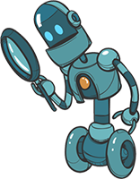 Robot character with a magnifying glass